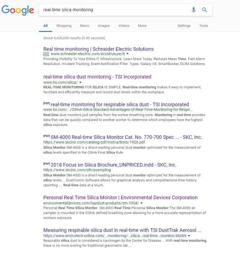 real-time silica monitoring results from a google search