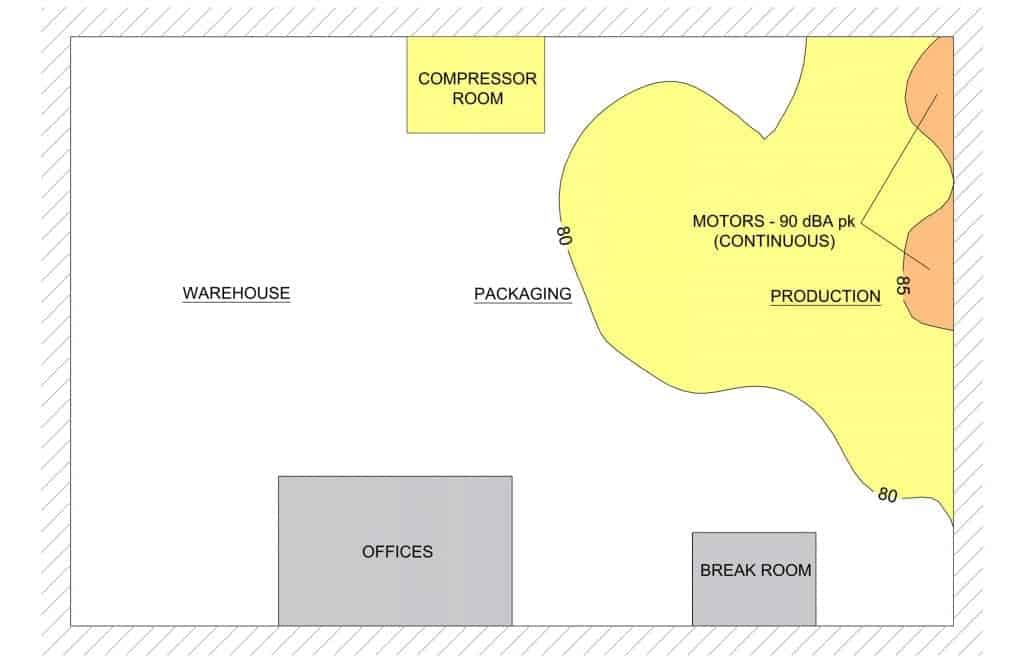 An example figure of mapped respirable crystalline silica and noise results within an industrial environment