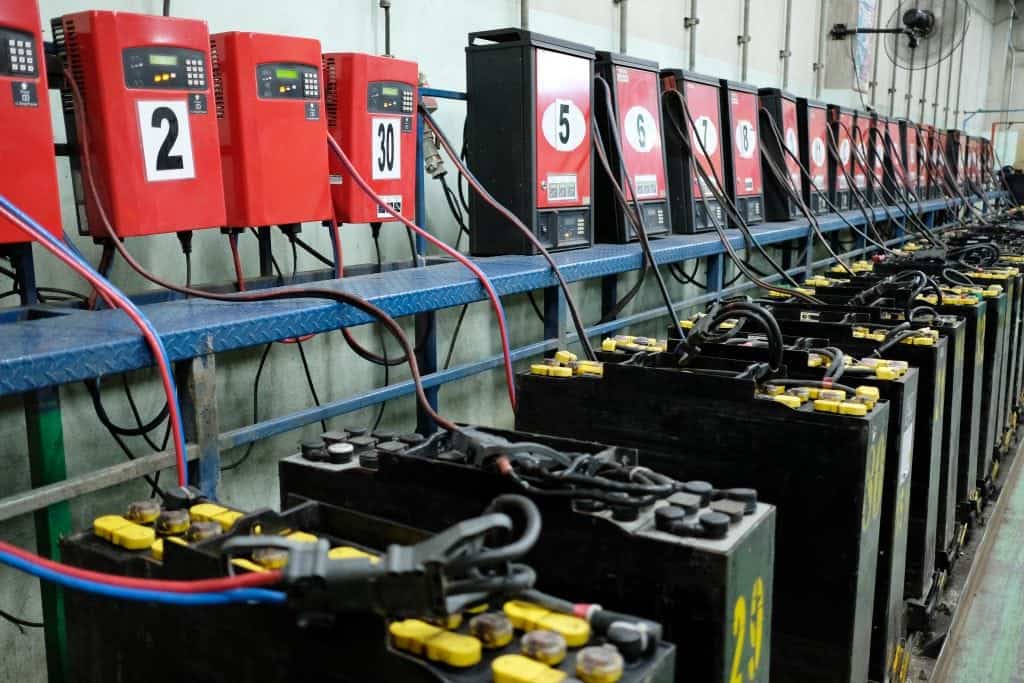 View of electronic battery charging area in industrial facility that emits hydrogen gas